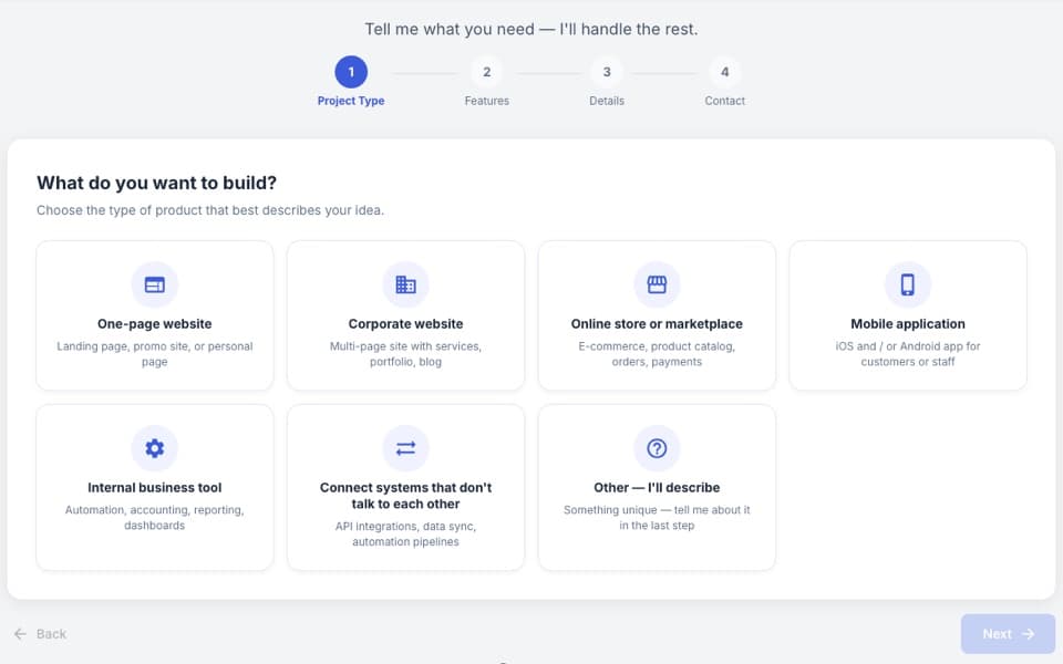 Project Builder step 1: choose what you want to build, from a one-page website to a mobile app