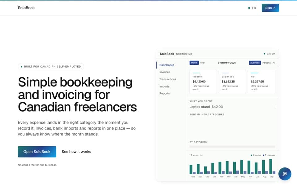 SoloBook website home page: bookkeeping and invoicing for Canadian freelancers, with a dashboard preview