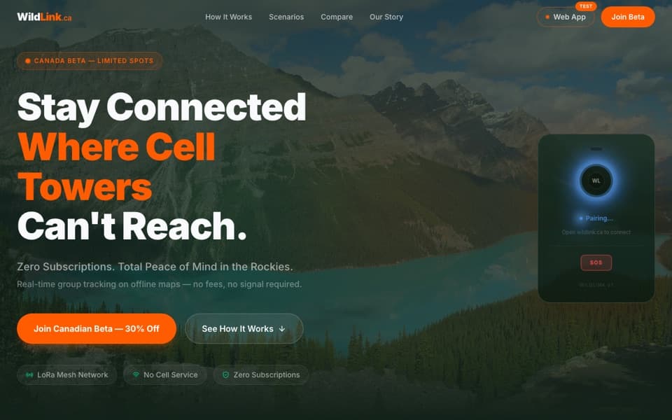 WildLink website home page: offline group tracking for hikers in the Canadian Rockies